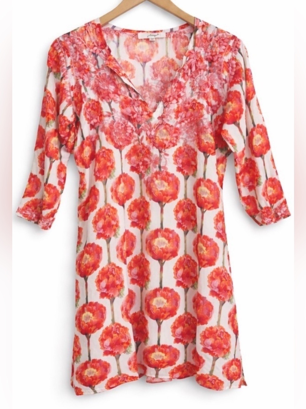 Amaya Pink White Hand Embroidered Peony Floral Split Neck Lightweight Dress 38/S